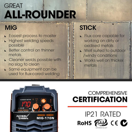 ROSSI 170Amp MIG ARC Stick Welder, with Carry Case & Accessories, 15A Plug.
