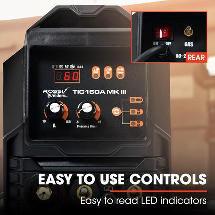 ROSSI 160 Amp AC DC TIG MMA ARC Stick Inverter Welder, Ideal for Aluminium and Copper Welding, 15A Plug.