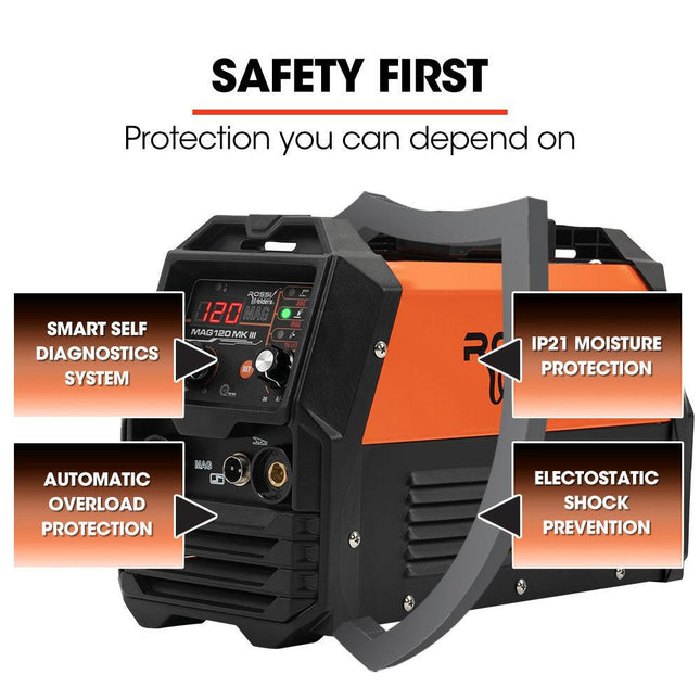 ROSSI 120 Amp Inverter Welder, 3in1 Portable MMA ARC /MIG Gasless /Lift-TIG Welding Machine, 15A Plug.