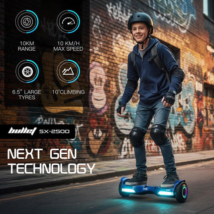 BULLET SX-2500 Hoverboard Scooter, 500W Brushless, UL Certified, AU Compliant, 6.5-inch Off-Road Style Tyres, Superior Self Balancing System, LED Lights, Blue.