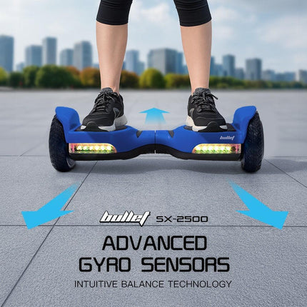 BULLET SX-2500 Hoverboard Scooter, 500W Brushless, UL Certified, AU Compliant, 6.5-inch Off-Road Style Tyres, Superior Self Balancing System, LED Lights, Blue.