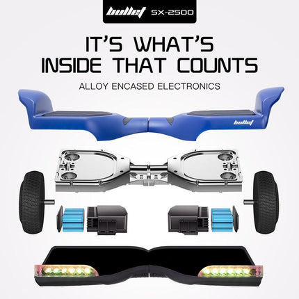 BULLET SX-2500 Hoverboard Scooter, 500W Brushless, UL Certified, AU Compliant, 6.5-inch Off-Road Style Tyres, Superior Self Balancing System, LED Lights, Blue.