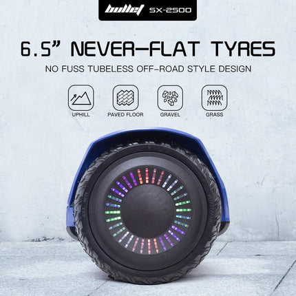 BULLET SX-2500 Hoverboard Scooter, 500W Brushless, UL Certified, AU Compliant, 6.5-inch Off-Road Style Tyres, Superior Self Balancing System, LED Lights, Blue.