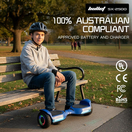 BULLET SX-2500 Hoverboard Scooter, 500W Brushless, UL Certified, AU Compliant, 6.5-inch Off-Road Style Tyres, Superior Self Balancing System, LED Lights, Blue.