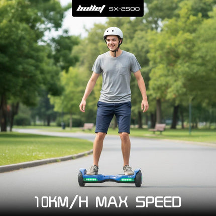 BULLET SX-2500 Hoverboard Scooter, 500W Brushless, UL Certified, AU Compliant, 6.5-inch Off-Road Style Tyres, Superior Self Balancing System, LED Lights, Blue.