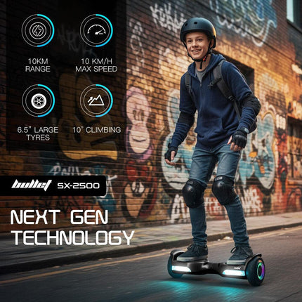 BULLET SX-2500 Hoverboard Scooter, 500W Brushless, UL Certified, AU Compliant, 6.5-inch Off-Road Style Tyres, Superior Self Balancing System, LED Lights, Black.