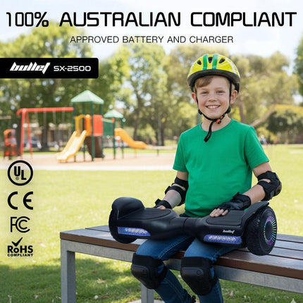 BULLET SX-2500 Hoverboard Scooter, 500W Brushless, UL Certified, AU Compliant, 6.5-inch Off-Road Style Tyres, Superior Self Balancing System, LED Lights, Black.