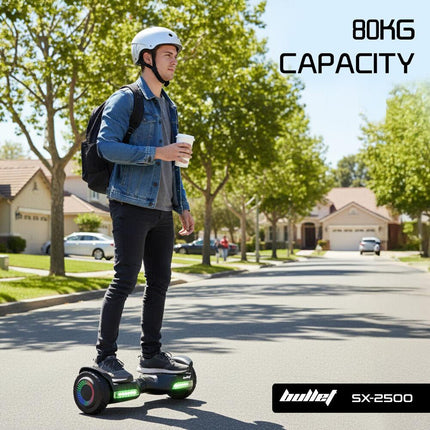 BULLET SX-2500 Hoverboard Scooter, 500W Brushless, UL Certified, AU Compliant, 6.5-inch Off-Road Style Tyres, Superior Self Balancing System, LED Lights, Black.