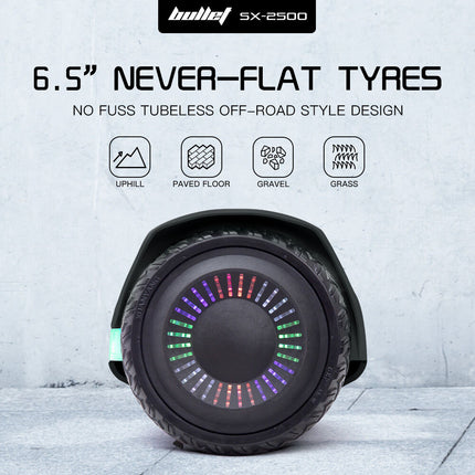 BULLET SX-2500 Hoverboard Scooter, 500W Brushless, UL Certified, AU Compliant, 6.5-inch Off-Road Style Tyres, Superior Self Balancing System, LED Lights, Black.