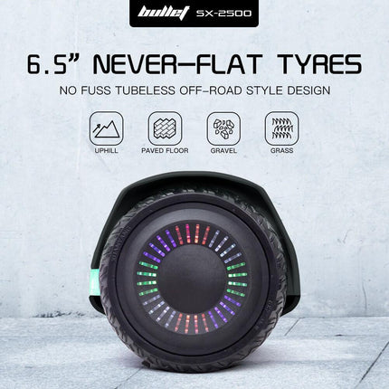 BULLET SX-2500 Hoverboard Scooter, 500W Brushless, UL Certified, AU Compliant, 6.5-inch Off-Road Style Tyres, Superior Self Balancing System, LED Lights, Black.