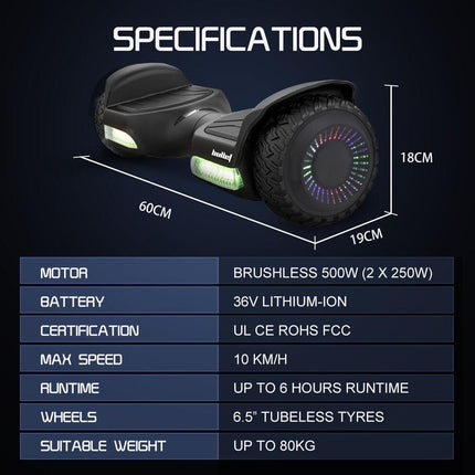BULLET SX-2500 Hoverboard Scooter, 500W Brushless, UL Certified, AU Compliant, 6.5-inch Off-Road Style Tyres, Superior Self Balancing System, LED Lights, Black.