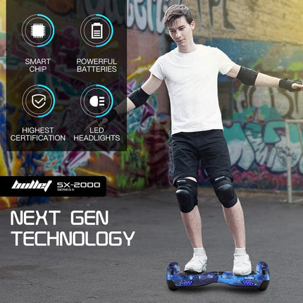 BULLET SX-2000 Hoverboard Scooter, 500W Brushless, Superior Self Balancing System, UL Certified, LED Lights, Blue Galaxy.