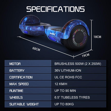 BULLET SX-2000 Hoverboard Scooter, 500W Brushless, Superior Self Balancing System, UL Certified, LED Lights, Blue Galaxy.