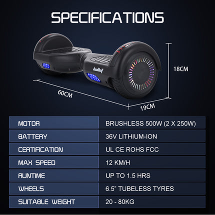 BULLET SX-2000 Hoverboard Scooter, 500W Brushless, UL Certified, AU Compliant, Superior Self Balancing System, LED Lights, Black.