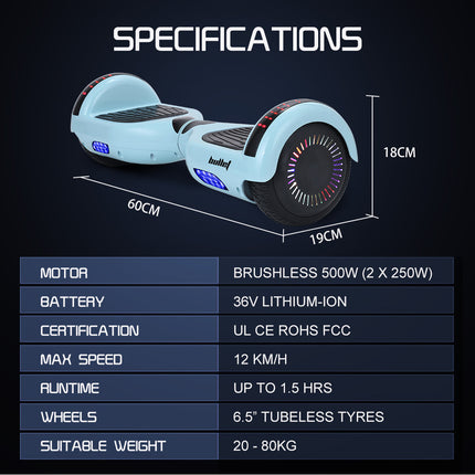 BULLET SX-2000 Hoverboard Scooter, 500W Brushless, UL Certified, AU Compliant, Superior Self Balancing System, LED Lights, Mint Green.