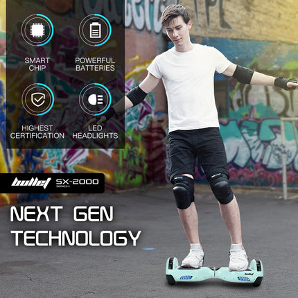 BULLET SX-2000 Hoverboard Scooter, 500W Brushless, UL Certified, AU Compliant, Superior Self Balancing System, LED Lights, Mint Green.