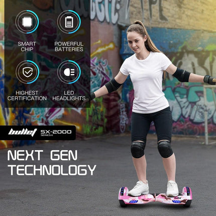 BULLET SX-2000 Hoverboard Scooter, 500W Brushless, UL Certified, AU Compliant, Superior Self Balancing System, LED Lights, Pink Camo.