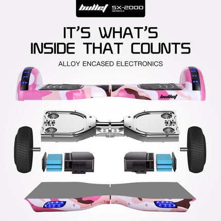 BULLET SX-2000 Hoverboard Scooter, 500W Brushless, UL Certified, AU Compliant, Superior Self Balancing System, LED Lights, Pink Camo.
