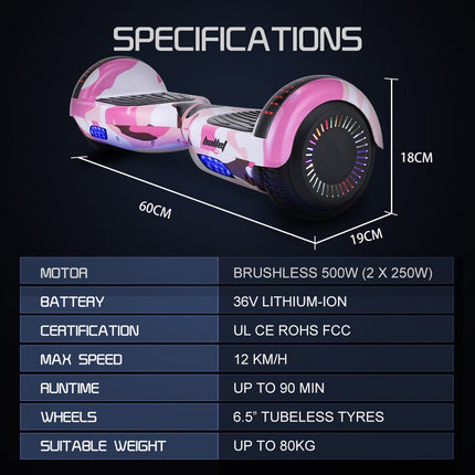 BULLET SX-2000 Hoverboard Scooter, 500W Brushless, UL Certified, AU Compliant, Superior Self Balancing System, LED Lights, Pink Camo.