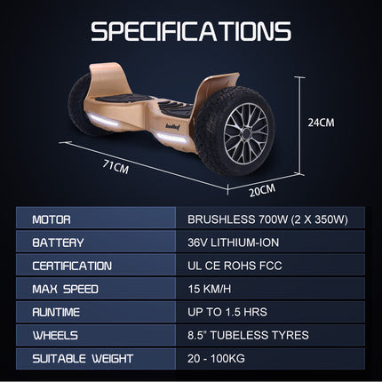 BULLET SX-4000 Hoverboard Scooter, 700W Brushless, UL Certified, AU Compliant, 8.5" Wheels, Superior Self Balancing System, LED Lights, Carry Bag, Bronze.