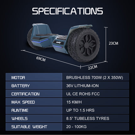 BULLET SX-4500 Hoverboard Scooter, 700W Brushless, UL Certified, AU Compliant, 8.5" Wheels, Superior Self Balancing System, LED Lights, Carry Bag, Navy Blue.