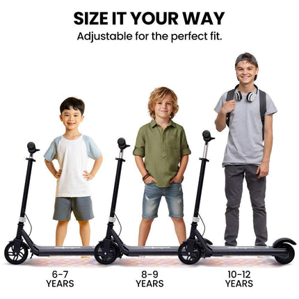 ALPHA Edge Electric Scooter Kids/Teens, 16km/h Max, Adjustable Height, UL Certified, AU Compliant, Dual Brakes, Bluetooth Music, LED, Black.