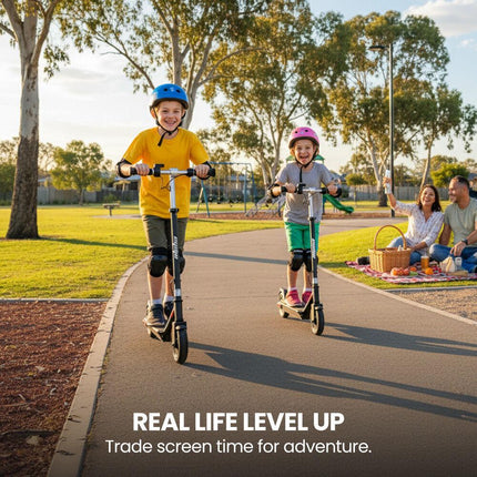 ALPHA Edge Electric Scooter Kids/Teens, 16km/h Max, Adjustable Height, UL Certified, AU Compliant, Dual Brakes, Bluetooth Music, LED, Black.