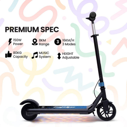 ALPHA Edge Electric Scooter Kids/Teens, 16km/h Max, Adjustable Height, UL Certified, AU Compliant, Dual Brakes, Bluetooth Music, LED, Blue.