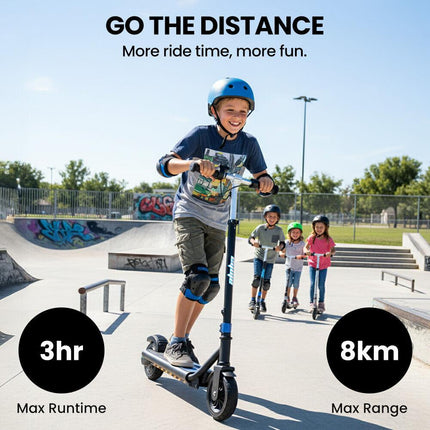 ALPHA Edge Electric Scooter Kids/Teens, 16km/h Max, Adjustable Height, UL Certified, AU Compliant, Dual Brakes, Bluetooth Music, LED, Blue.
