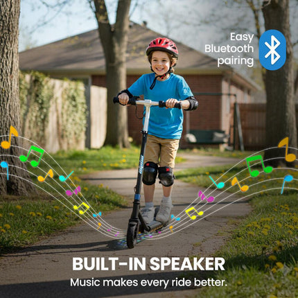 ALPHA Edge Electric Scooter Kids/Teens, 16km/h Max, Adjustable Height, UL Certified, AU Compliant, Dual Brakes, Bluetooth Music, LED, Blue.