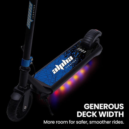 ALPHA Edge Electric Scooter Kids/Teens, 16km/h Max, Adjustable Height, UL Certified, AU Compliant, Dual Brakes, Bluetooth Music, LED, Blue.