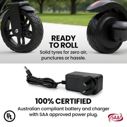 ALPHA Edge Electric Scooter Kids/Teens, 16km/h Max, Adjustable Height, UL Certified, AU Compliant, Dual Brakes, Bluetooth Music, LED, Blue.