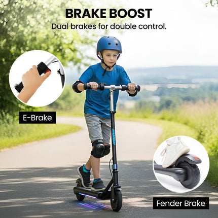 ALPHA Edge Electric Scooter Kids/Teens, 16km/h Max, Adjustable Height, UL Certified, AU Compliant, Dual Brakes, Bluetooth Music, LED, Blue.