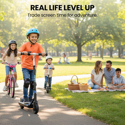 ALPHA Edge Electric Scooter Kids/Teens, 16km/h Max, Adjustable Height, UL Certified, AU Compliant, Dual Brakes, Bluetooth Music, LED, Blue.