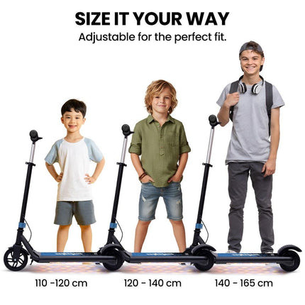 ALPHA Edge Electric Scooter Kids/Teens, 16km/h Max, Adjustable Height, UL Certified, AU Compliant, Dual Brakes, Bluetooth Music, LED, Blue.