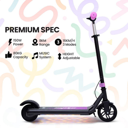 ALPHA Edge Electric Scooter Kids/Teens, 16km/h Max, Adjustable Height, UL Certified, AU Compliant, Dual Brakes, Bluetooth Music, LED, Pink.