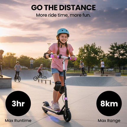 ALPHA Edge Electric Scooter Kids/Teens, 16km/h Max, Adjustable Height, UL Certified, AU Compliant, Dual Brakes, Bluetooth Music, LED, Pink.