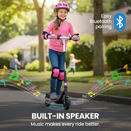 ALPHA Edge Electric Scooter Kids/Teens, 16km/h Max, Adjustable Height, UL Certified, AU Compliant, Dual Brakes, Bluetooth Music, LED, Pink.