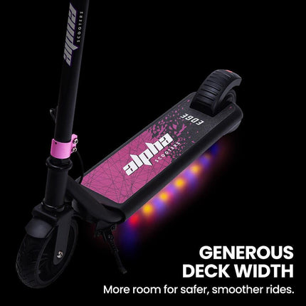ALPHA Edge Electric Scooter Kids/Teens, 16km/h Max, Adjustable Height, UL Certified, AU Compliant, Dual Brakes, Bluetooth Music, LED, Pink.