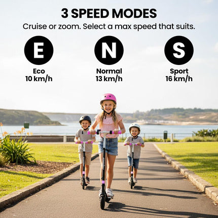 ALPHA Edge Electric Scooter Kids/Teens, 16km/h Max, Adjustable Height, UL Certified, AU Compliant, Dual Brakes, Bluetooth Music, LED, Pink.
