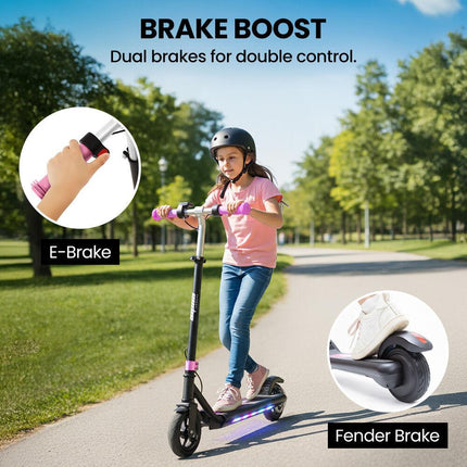 ALPHA Edge Electric Scooter Kids/Teens, 16km/h Max, Adjustable Height, UL Certified, AU Compliant, Dual Brakes, Bluetooth Music, LED, Pink.