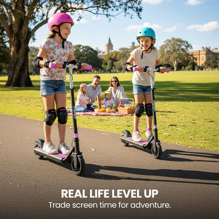 ALPHA Edge Electric Scooter Kids/Teens, 16km/h Max, Adjustable Height, UL Certified, AU Compliant, Dual Brakes, Bluetooth Music, LED, Pink.