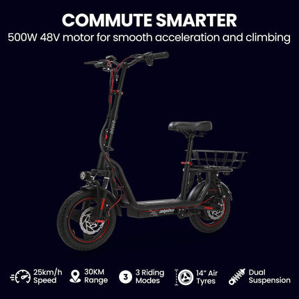 ALPHA Rover Electric Scooter with Seat, 500W 48V 25km/h 30km Range, 14-inch Tyres, Motorised Commuter eScooter for Adults, Black.