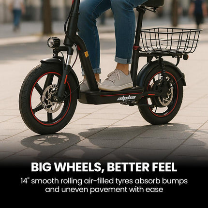 ALPHA Rover Electric Scooter with Seat, 500W 48V 25km/h 30km Range, 14-inch Tyres, Motorised Commuter eScooter for Adults, Black.