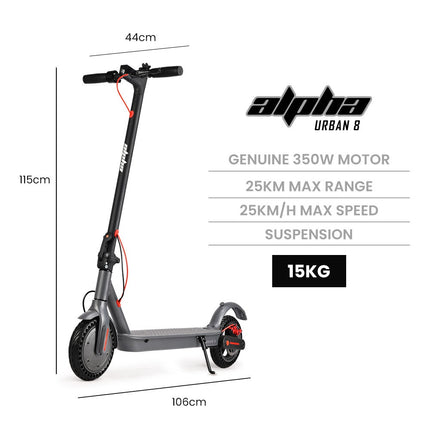 ALPHA Urban 8 Electric Scooter, Suspension, 25km Range, 8.5-Inch Wheels, Brushless Motor, Motorised Commuter eScooter for Adults, Grey.