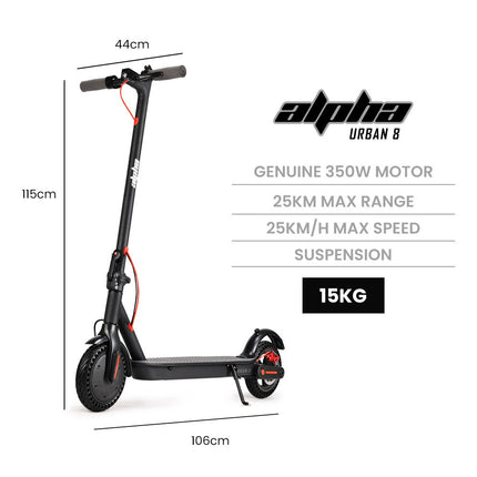ALPHA Urban 8 Electric Scooter, Suspension, 25km Range, 8.5-Inch Wheels, Brushless Motor, Motorised Commuter eScooter for Adults, Grey.