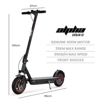 ALPHA Urban 10 Electric Scooter, 35km/h, Suspension, 35km Range, 10-Inch Wheels, Brushless Motor, Free APP, Motorised Commuter eScooter for Adults, Black.