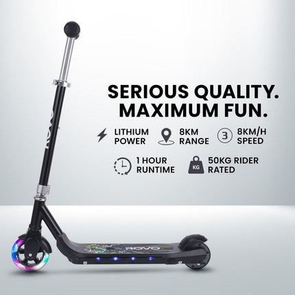 ROVO KIDS WhizKid Electric Scooter, Ages 5-11, Adjustable Height, AU Compliant, Lithium Battery, Brushless Motor, Black.