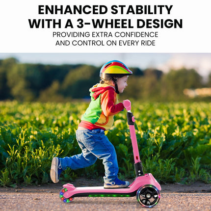 ROVO KIDS 3-Wheel Electric Scooter , Ages 3-8, Adjustable Height, AU Compliant, Lithium Battery, Pink.