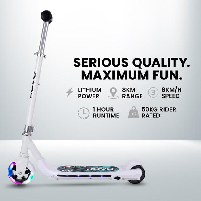 ROVO KIDS WhizKid Electric Scooter, Ages 5-11, Adjustable Height, AU Compliant, Lithium Battery, Brushless Motor, White.